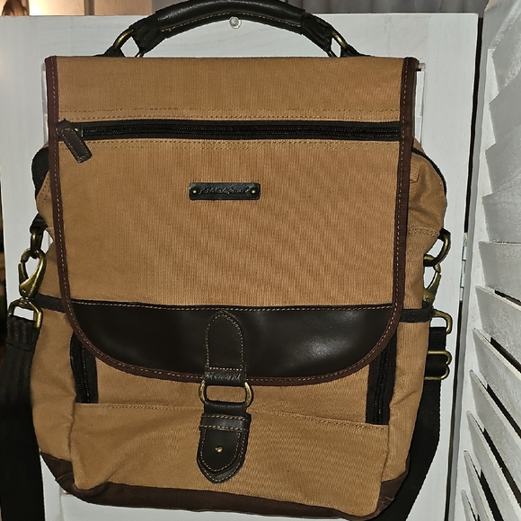 Eddie Bauer Handbags - Eddie Bauer Brown Canvas Backpack with Leather Accents